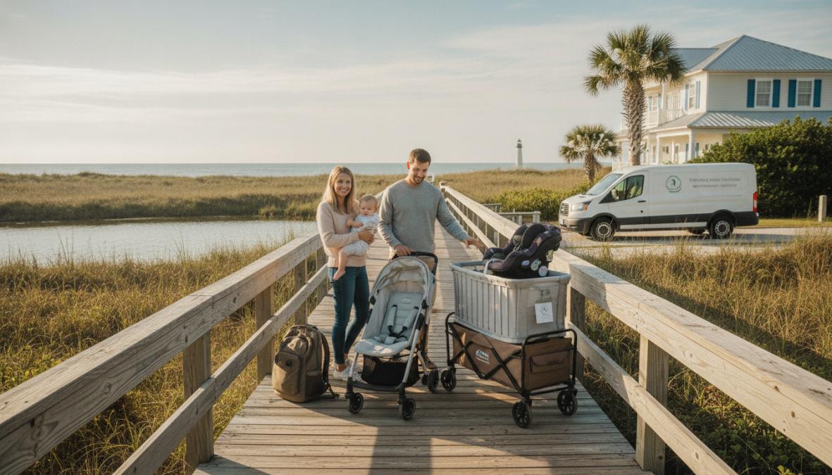 A young family with a toddler walking along a sunny Northeast Florida beach, pulling a rented beach wagon loaded with towels and toys, a stroller parked nearby in the soft sand