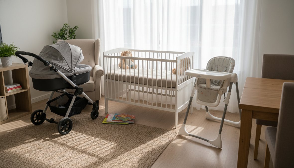 A neatly arranged collection of clean white baby gear including a crib, a compact stroller, and a wooden high chair set up inside a bright, sun-filled vacation rental living room with coastal decor