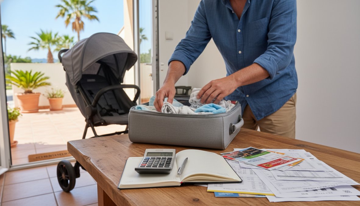 A smiling mother packing a compact carry-on suitcase next to a clean stroller already positioned near the open front door of a sunny Florida vacation rental, warm natural light coming through the doorway