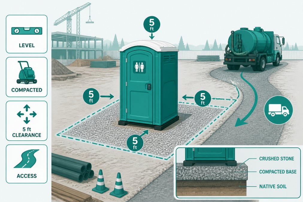 Construction site with a portable toilet unit positioned on level, compacted ground showing clear 5-foot clearance on all sides, with visible access pathway for service vehicles and proper ground stabilization