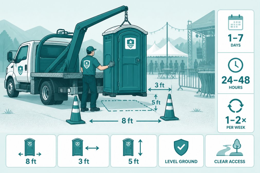 Service truck positioning a portable toilet at an outdoor event venue with event setup visible in background, showing clear ground access and professional placement