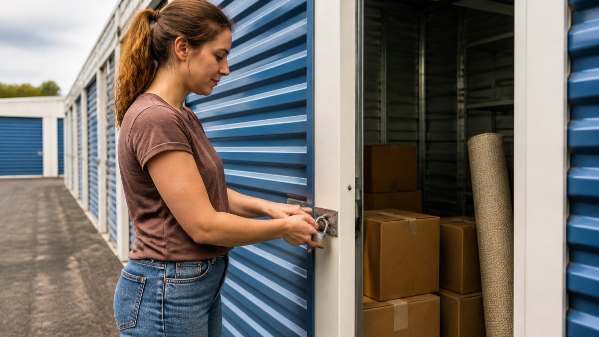 A renter unlocking a clean storage unit for flexible storage without contracts with boxes inside.