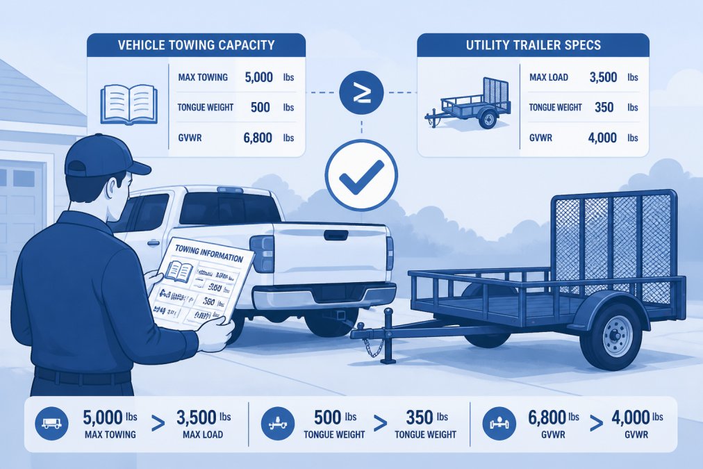 Homeowner checking vehicle towing capacity documentation and comparing it to utility trailer specifications while standing in a driveway