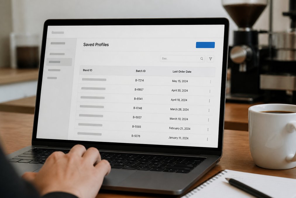 A close-up screenshot of a coffee roaster's order management dashboard showing a list of saved profiles with columns for Blend ID, Batch ID, and Last Order Date