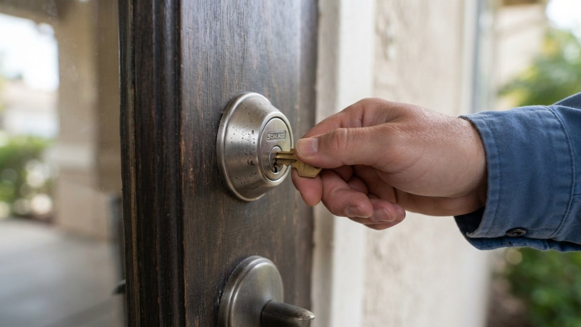 Close-up of a hand inserting a key into a door lock and testing rotation, with natural sunlight highlighting the keyway and lock cylinder