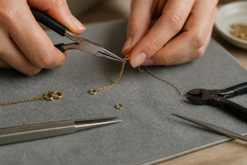 Hands using needle-nose pliers to repair a broken necklace chain by reattaching a jump ring on a soft mat