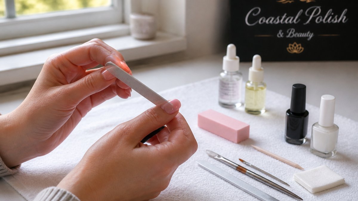 Hands using a file and buffer to repair a chipped gel nail at home with natural light in the background