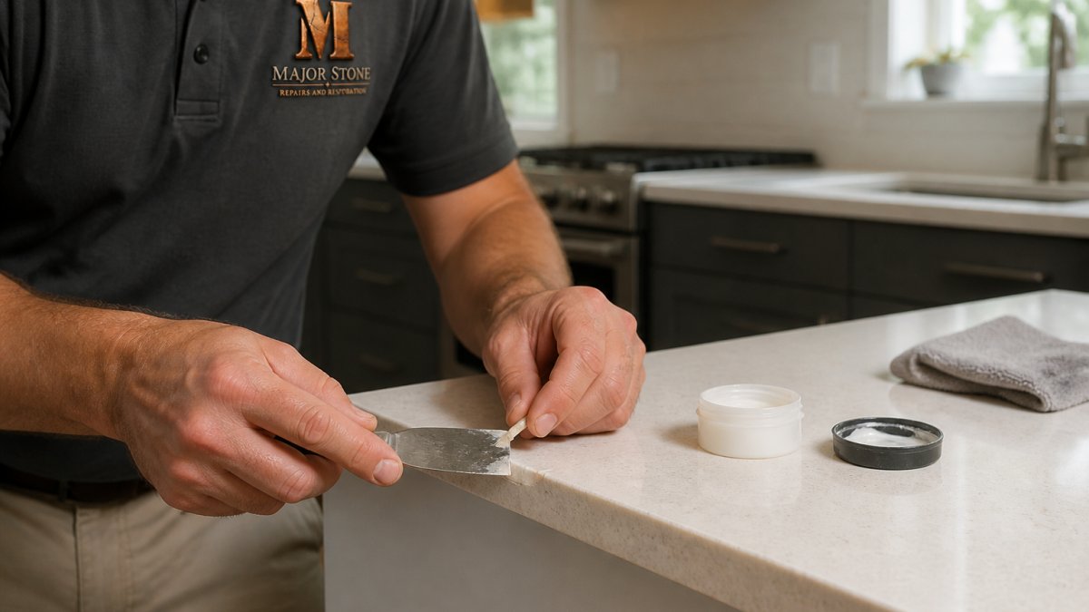 Infographic showing steps to repair chipped quartz countertop by applying filler to the edge with a putty knife