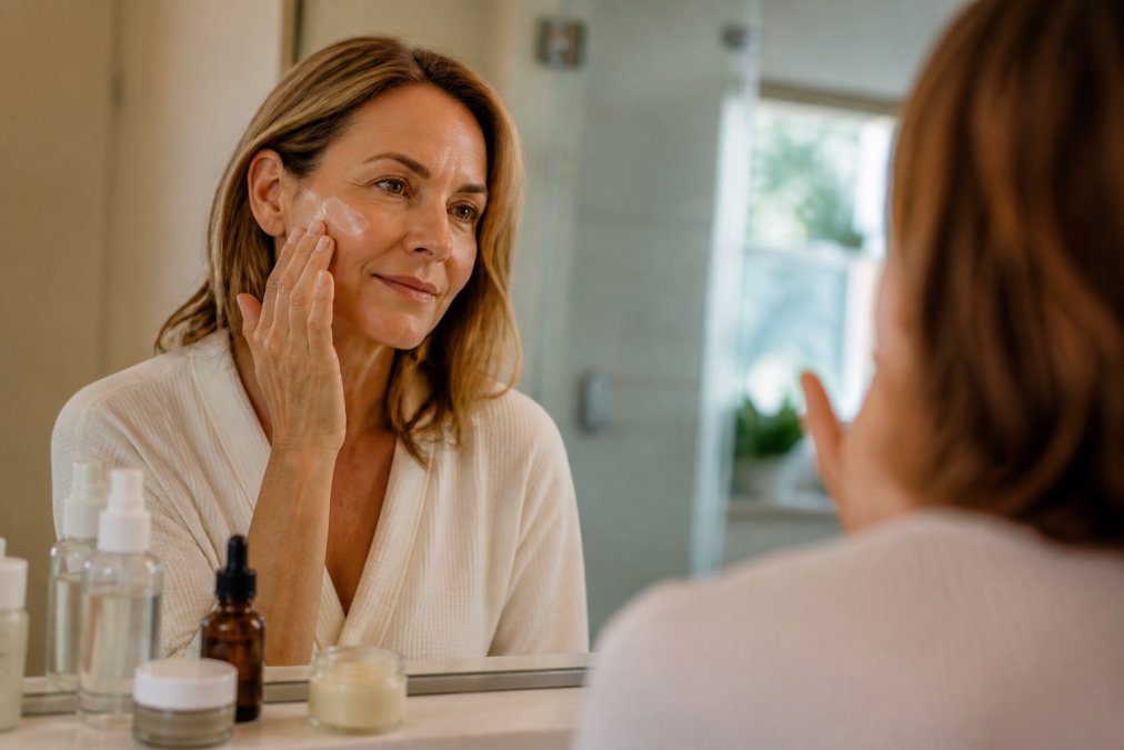 Woman in her 40s applying healing balm to her cheek to repair skin barrier in a softly lit bathroom setting.