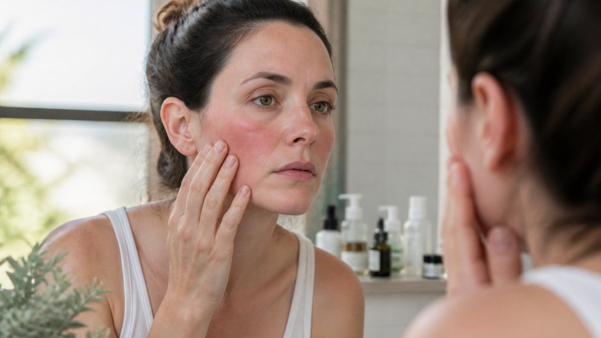 Close-up of a woman in her 30s examining redness on her cheek in a bathroom mirror, soft morning light, skincare bottles blurred in the background