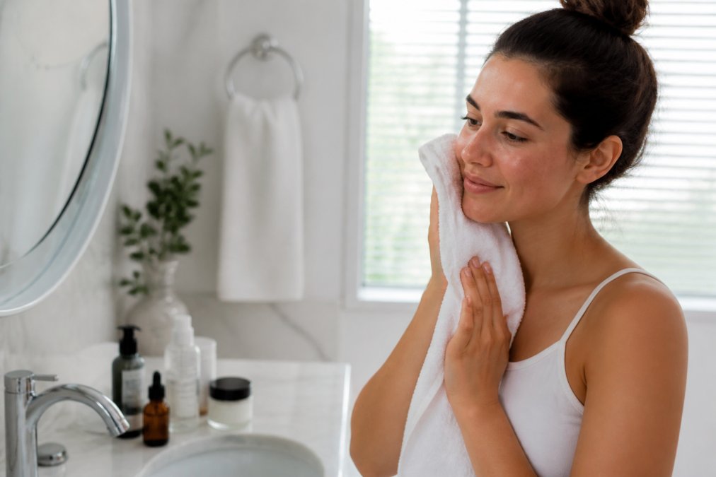 Woman with a damaged skin barrier gently patting her face dry with a soft white towel in a bright bathroom