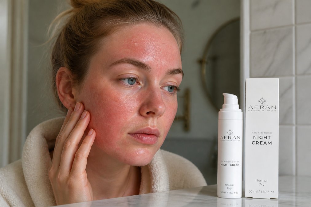 Close-up of person's face showing visible redness, flaking, and irritation on cheek and forehead area under natural bathroom lighting