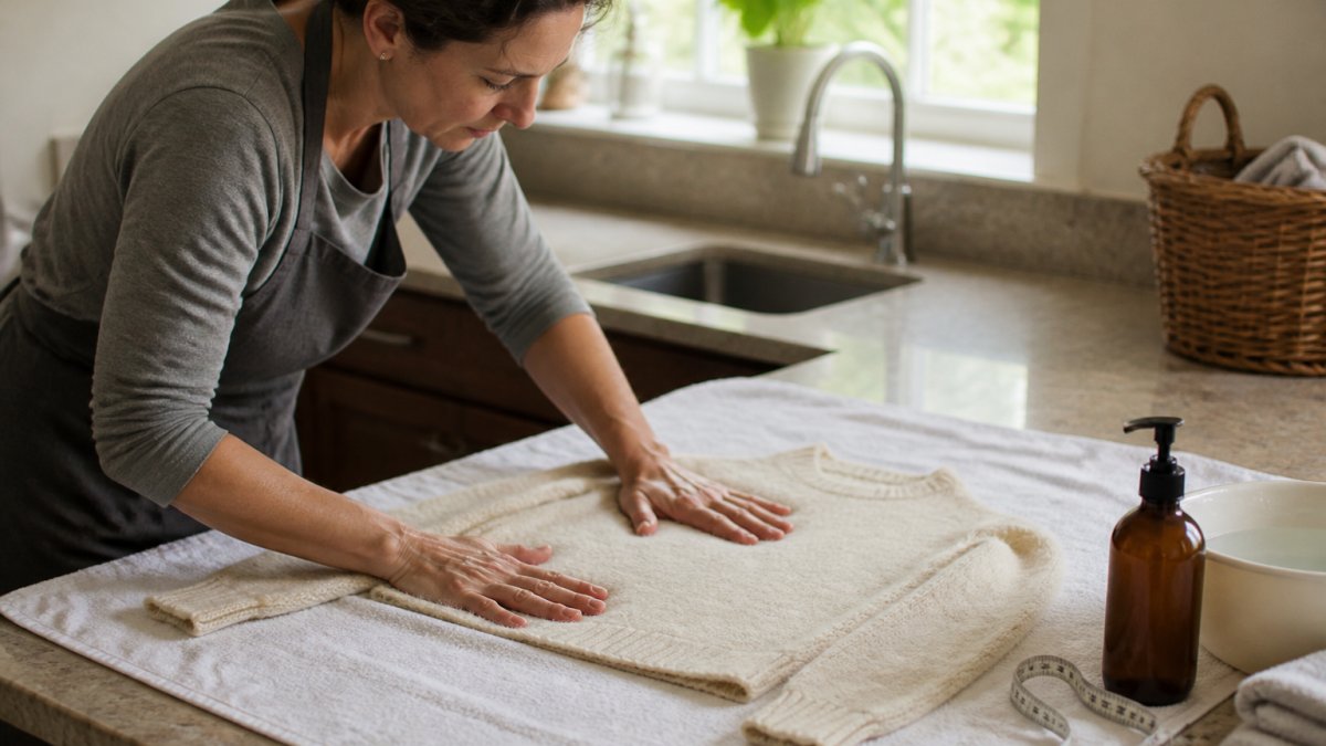 Hands gently pressing a wet cream-colored alpaca sweater flat on a white towel over a kitchen counter, a soft measuring tape and a bottle of wool wash beside it, bright natural window light