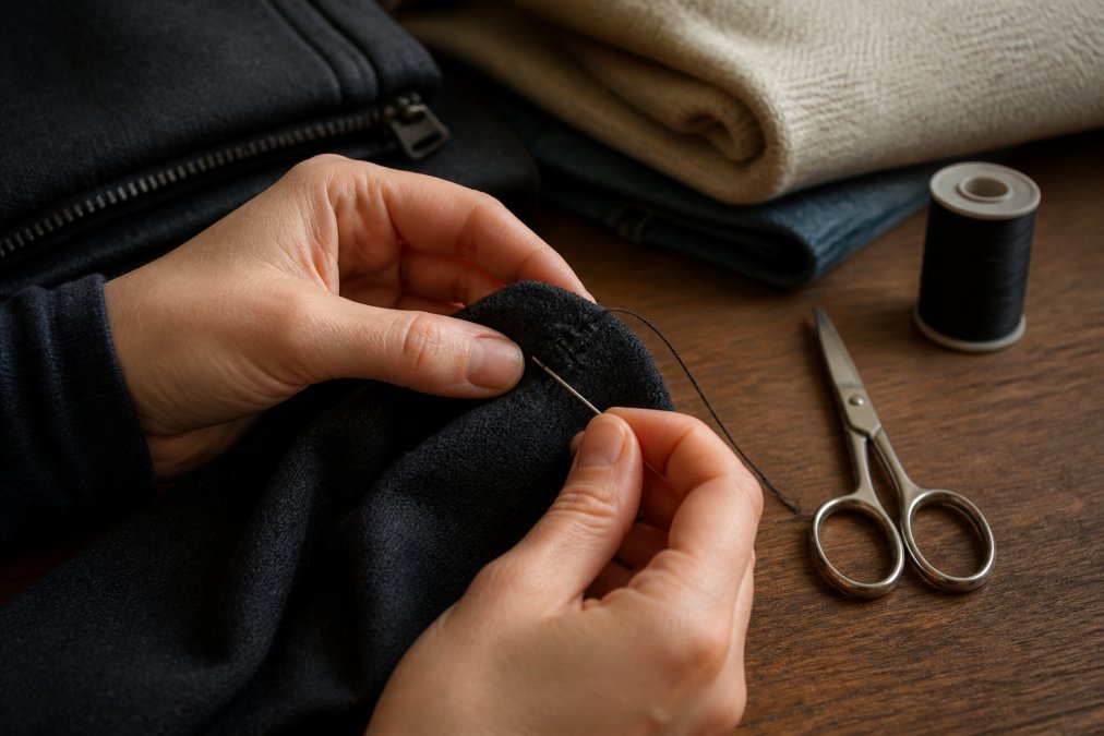 Diagram showing the hand-stitching process to repair a small hole in dark fabric with needle and thread