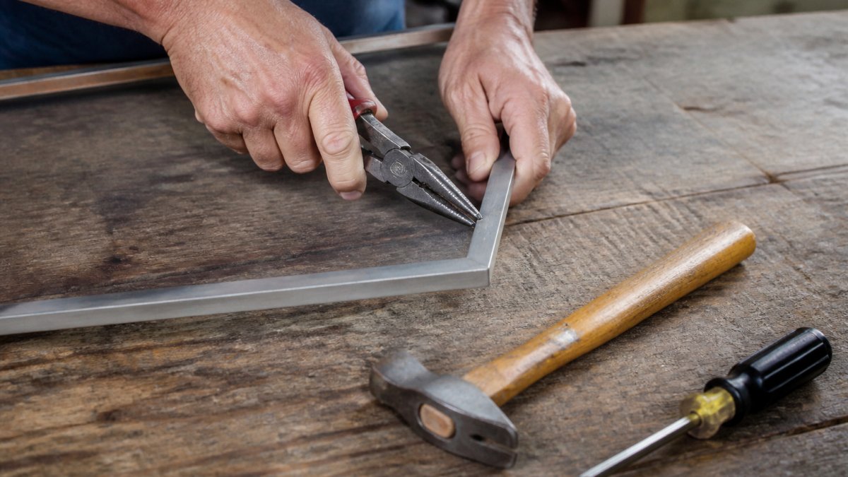 Close-up of a homeowner's hands carefully using pliers to gently bend a warped metal window screen frame back into shape on a flat wooden workbench, with a hammer and screwdriver nearby