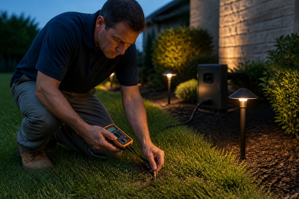 A homeowner kneeling on a lawn at dusk, holding a multimeter with one hand while touching a landscape lighting wire with the other, a low-voltage transformer and small path lights visible in the background