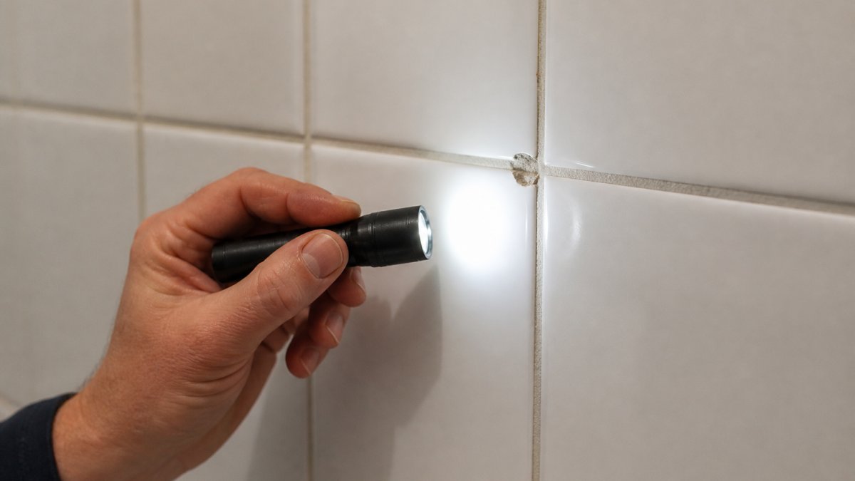 Close-up of a tiled bathroom wall showing a small chip on a gloss ceramic tile, with a hand holding a torch to inspect the edge and surrounding grout