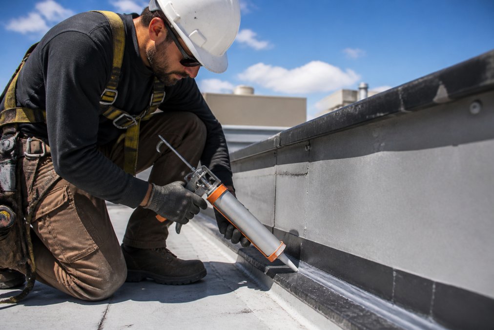 Professional technician applying roofing sealant to commercial roof flashing with a caulking gun, showing proper technique with safety harness and equipment visible