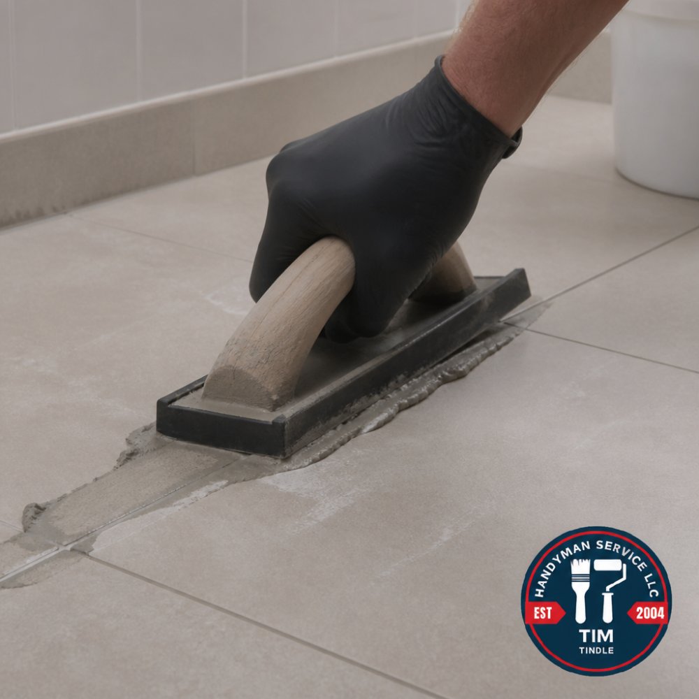 Close-up of a gloved hand pressing a rubber grout float diagonally across bathroom floor tiles, forcing fresh grout deep into the joints under bright work lighting