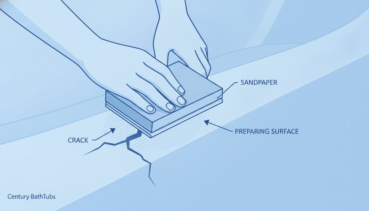 Close-up of hands sanding a crack in an acrylic bathtub with 80-grit sandpaper, showing damaged area being prepared for repair with dust particles visible