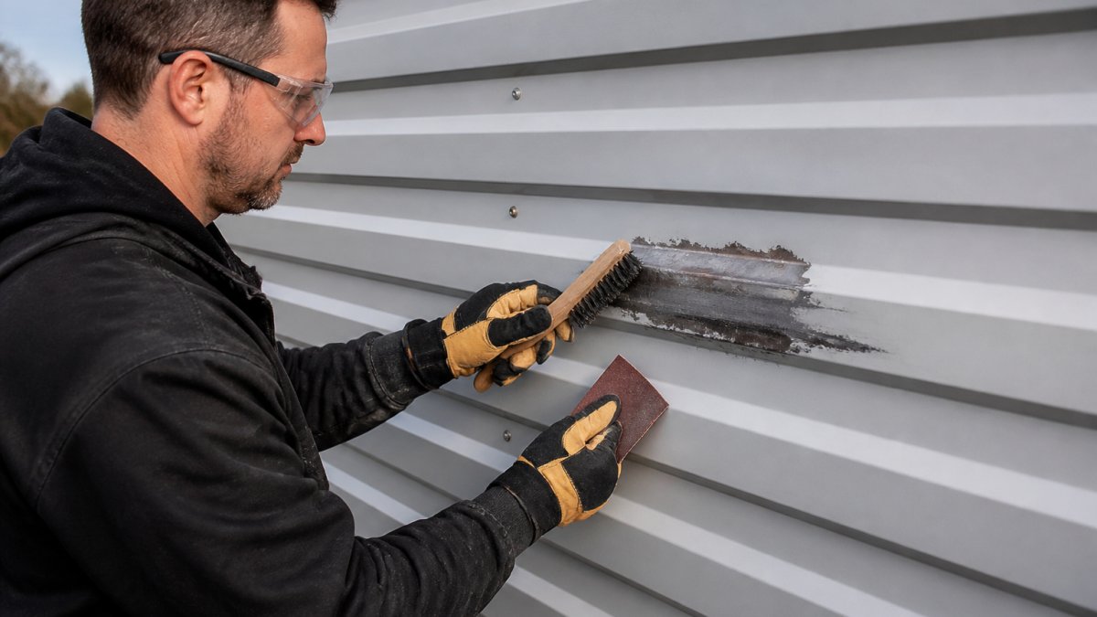 Professional wearing safety glasses and work gloves using a wire brush and sandpaper to clean a cracked section of commercial metal siding panel, with bare metal visible after cleaning