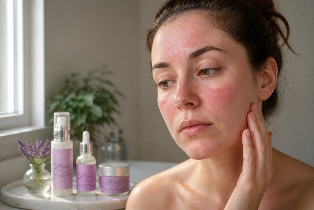 Close-up of a person's face showing visible redness, irritation, and dry patches on cheeks and forehead with natural morning light through a window