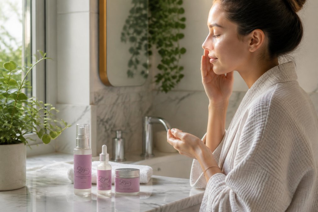 Person's hands applying serum to damp face over a bathroom sink with skincare products arranged neatly on marble counter, warm natural light from window