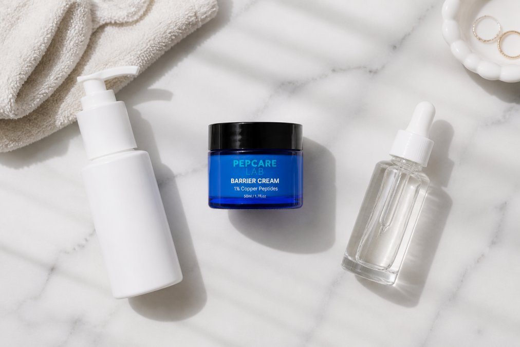 Flat lay of a minimal skincare routine on a white marble surface: a gentle cleanser, a small barrier cream jar, and a serum bottle arranged neatly in soft natural light