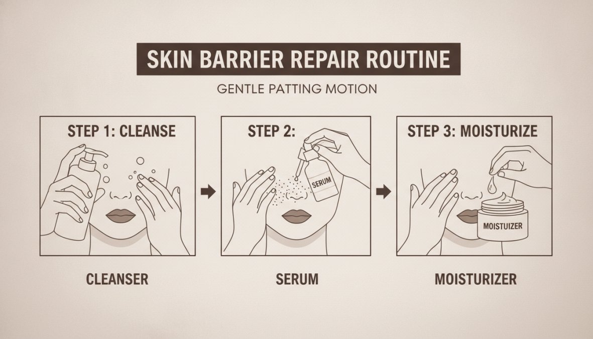 Close-up of a person's hands gently patting layered skincare products onto their face in sequence, showing the order of application with focus on soft, nurturing motions