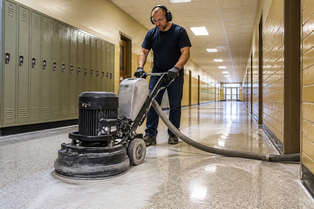 A technician in safety glasses and hearing protection operating a large planetary floor grinder with a dust extraction hose on a terrazzo hallway floor in a school building