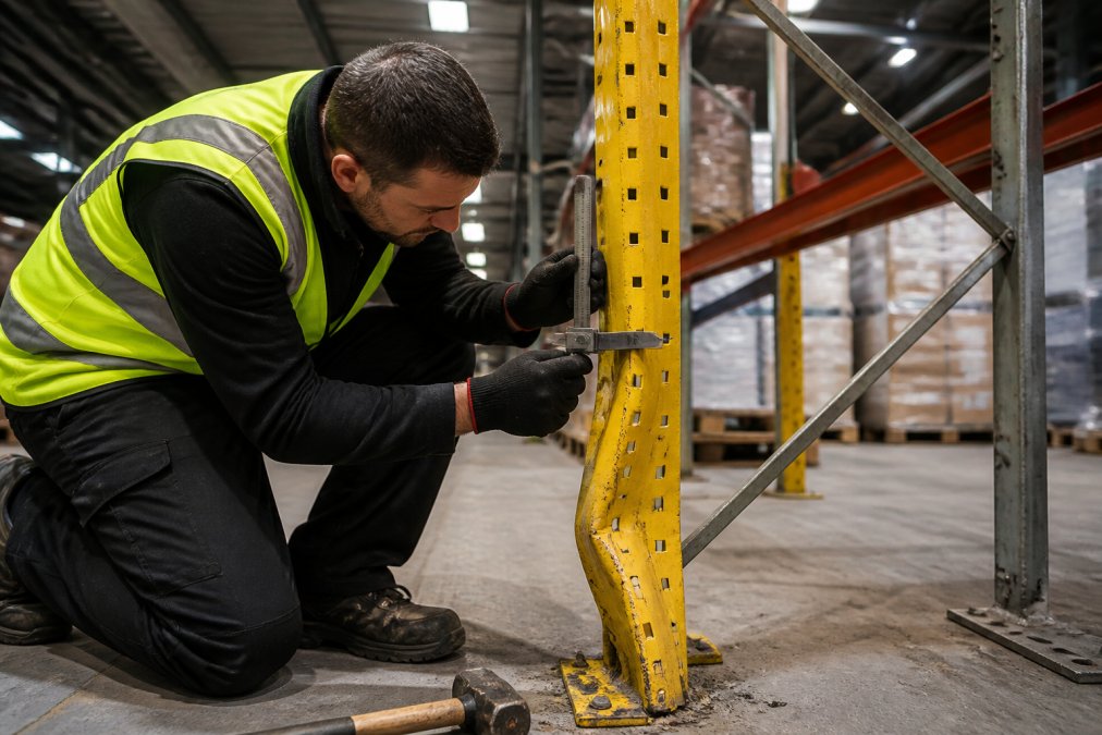 Warehouse worker in hi-vis vest measuring a bent upright column with a depth gauge, impact damage visible at the base, bright industrial lighting overhead