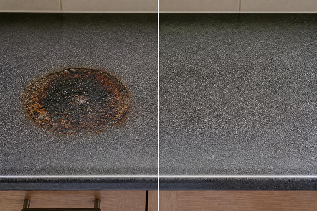 Before and after comparison showing a deep burn mark on laminate worktop on the left side with extensive heat damage visible, and the same area professionally repaired on the right side with the damage blended seamlessly into the surface