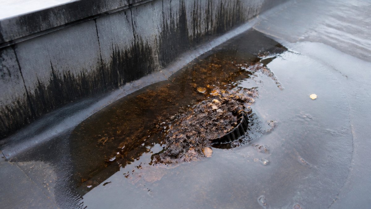 Close-up of a flat roof surface showing standing water pooling around a blocked outlet, debris buildup including leaves and dirt, and visible water staining on the dark membrane