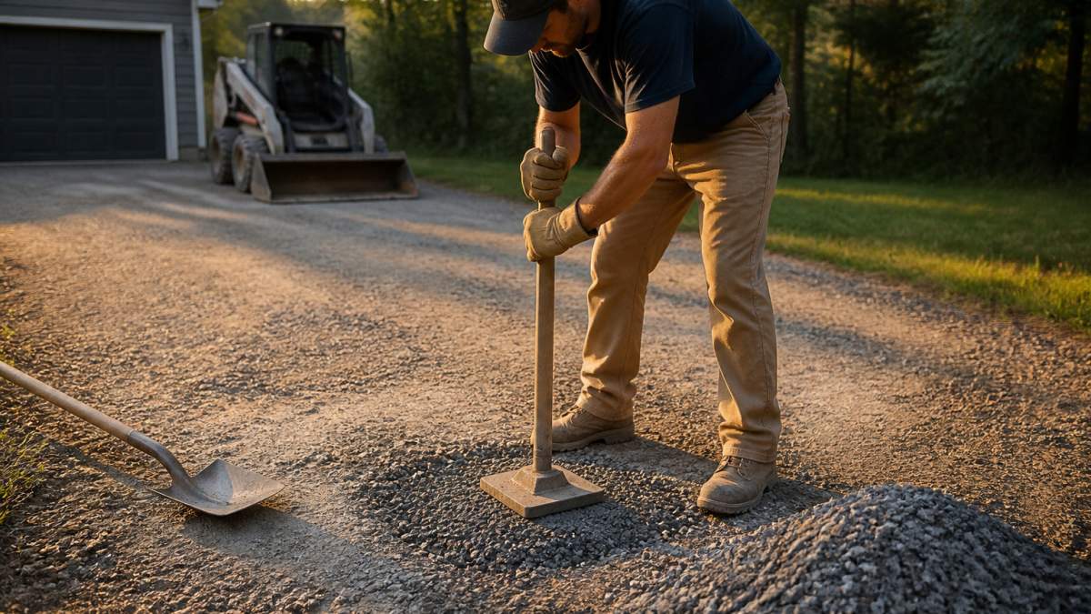Worker using a hand tamper to compact gravel driveway potholes for a level finish