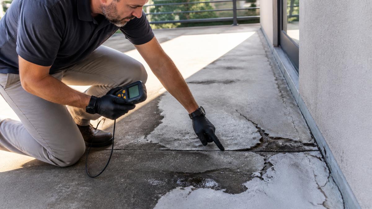 Professional inspector examining a cracked and deteriorating elevated deck membrane with visible water stains, pointing to failed seams and punctures using a moisture meter in bright natural light