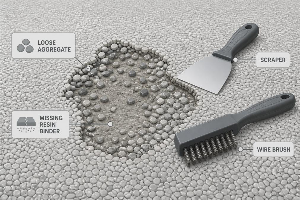 Close-up of a damaged driveway section showing loose aggregate and missing resin binder, with professional-grade scraper and wire brush tools positioned nearby on the stone surface