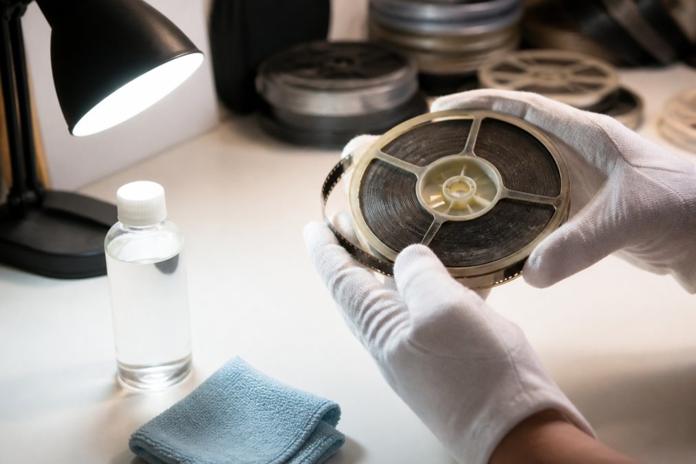 Close-up of hands wearing white cotton gloves carefully inspecting a reel of 8mm film under a bright desk lamp, with a small bottle of isopropyl alcohol and microfiber cloth on a clean white table