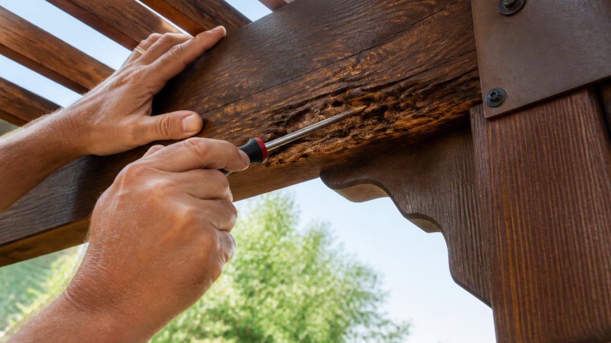 Close-up of a homeowner's hands using a screwdriver to probe soft, darkened wood on a pergola beam, revealing visible rot and wood deterioration in natural daylight