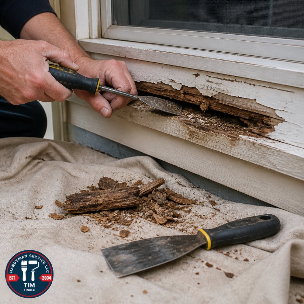 Close-up of a homeowner using a flat-head screwdriver and chisel to dig out soft, decayed wood from a windowsill exterior trim, with small pieces of rotted wood and a putty knife visible on a drop cloth