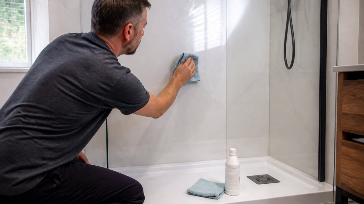 Homeowner in a bright bathroom buffing a light scratch on a white acrylic shower wall panel with a soft cloth, plastic polish bottle on the tray nearby