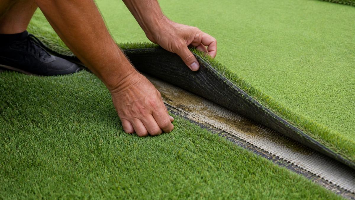 Hands carefully lifting the edge of artificial turf to expose the seam backing and old adhesive residue underneath the turf surface
