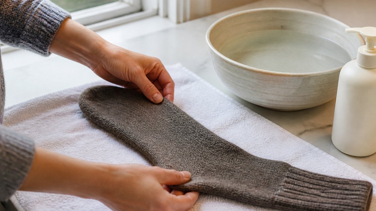 Hands gently stretching a damp alpaca sock on a clean white towel next to a ceramic bowl of lukewarm water and a bottle of hair conditioner, soft daylight from a window