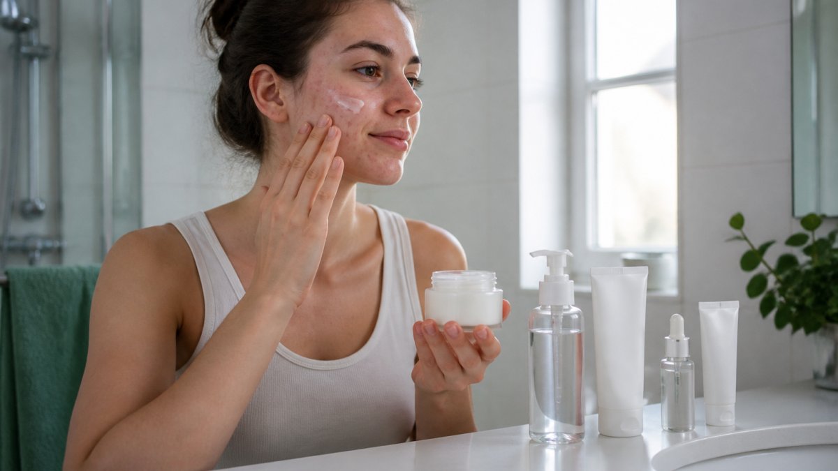A woman with acne-prone skin applying a lightweight moisturizer to her face in a bright bathroom, with skincare products arranged neatly on the counter