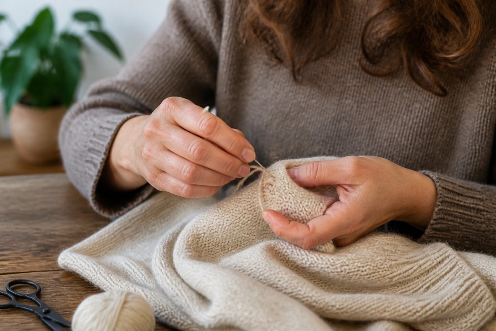 Close-up of hands performing darning technique on an alpaca sweater with a tapestry needle and embroidery thread on a flat surface with natural lighting