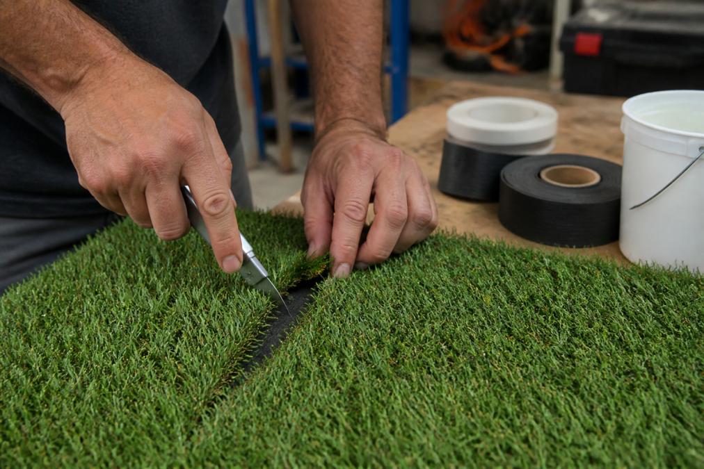 Professional hands carefully examining a small tear in artificial grass, using a utility knife to gently probe the damaged area while assessing the backing material, with seam tape and adhesive supplies visible on a workbench nearby