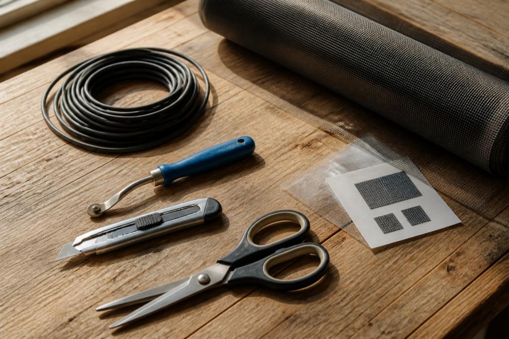 Flat lay of screen repair tools on a wooden workbench: spline tool, utility knife, rubber spline, roll of fiberglass screening mesh, scissors, and a small adhesive patch kit, photographed under warm natural light from a side window