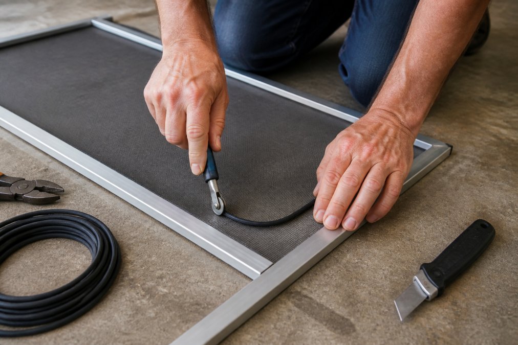 Close-up of hands pressing a screen roller tool along the groove of an aluminum screen frame, rolling rubber spline over fresh fiberglass mesh on a concrete garage floor, bright overhead workshop lighting