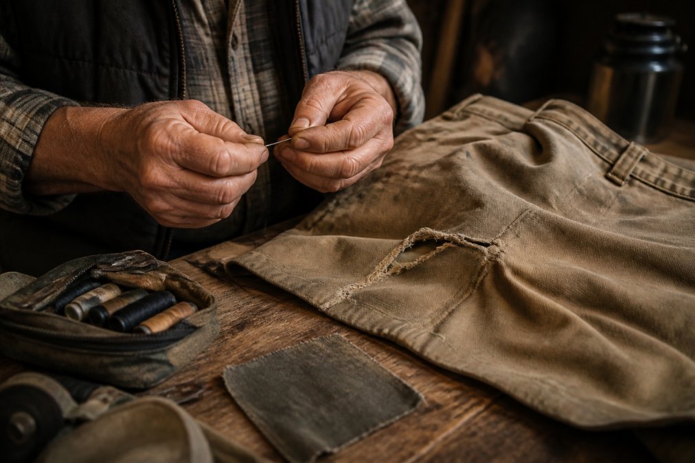 Weathered hands threading a needle to repair torn work pants on a wooden workbench with a fabric patch nearby