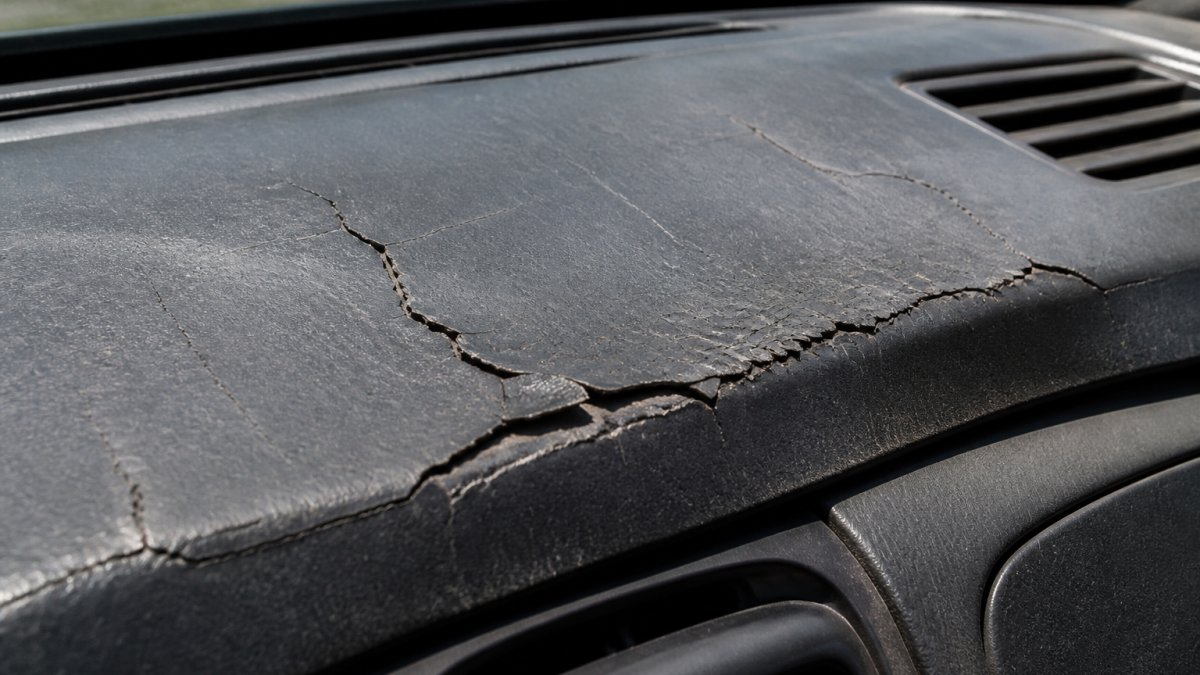 Close-up of a cracked and sun-faded vinyl car dashboard showing UV damage, peeling edges, and texture deterioration in natural daylight