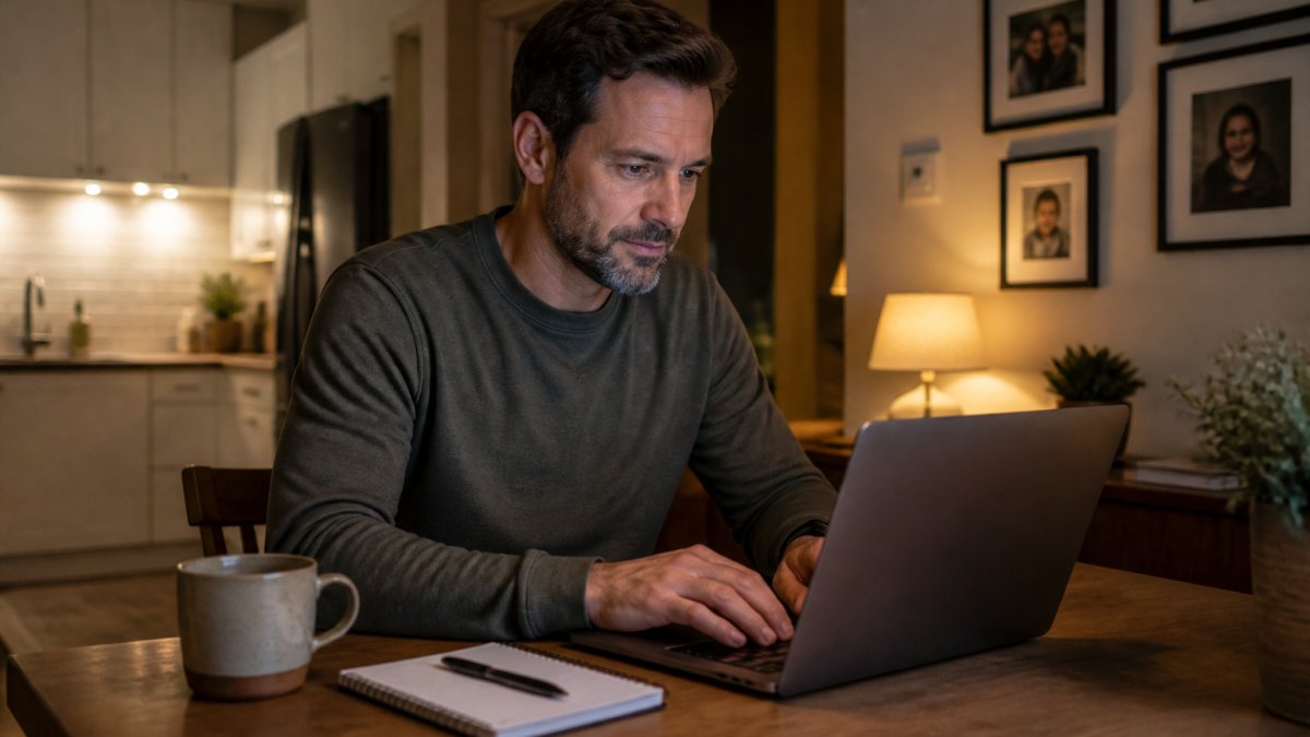 A person in their 40s working on a laptop at a kitchen table in the evening, notebook and coffee mug beside them, family photos on the wall behind, warm lamp light, showing a part-time home workspace